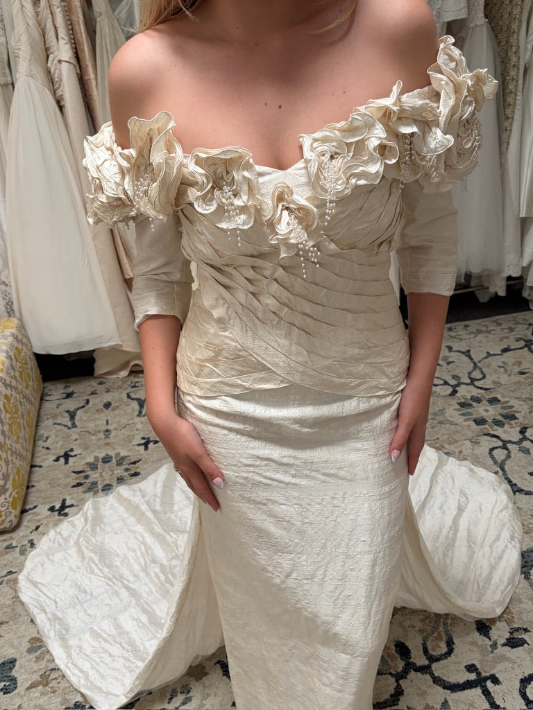 Vintage 90s Jean Fox pleated off shoulder wedding dress with detachable train