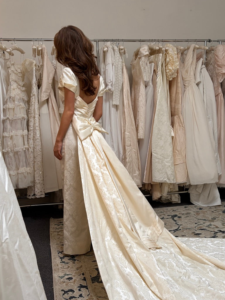 Vintage 90s jacquard column wedding dress with detachable train