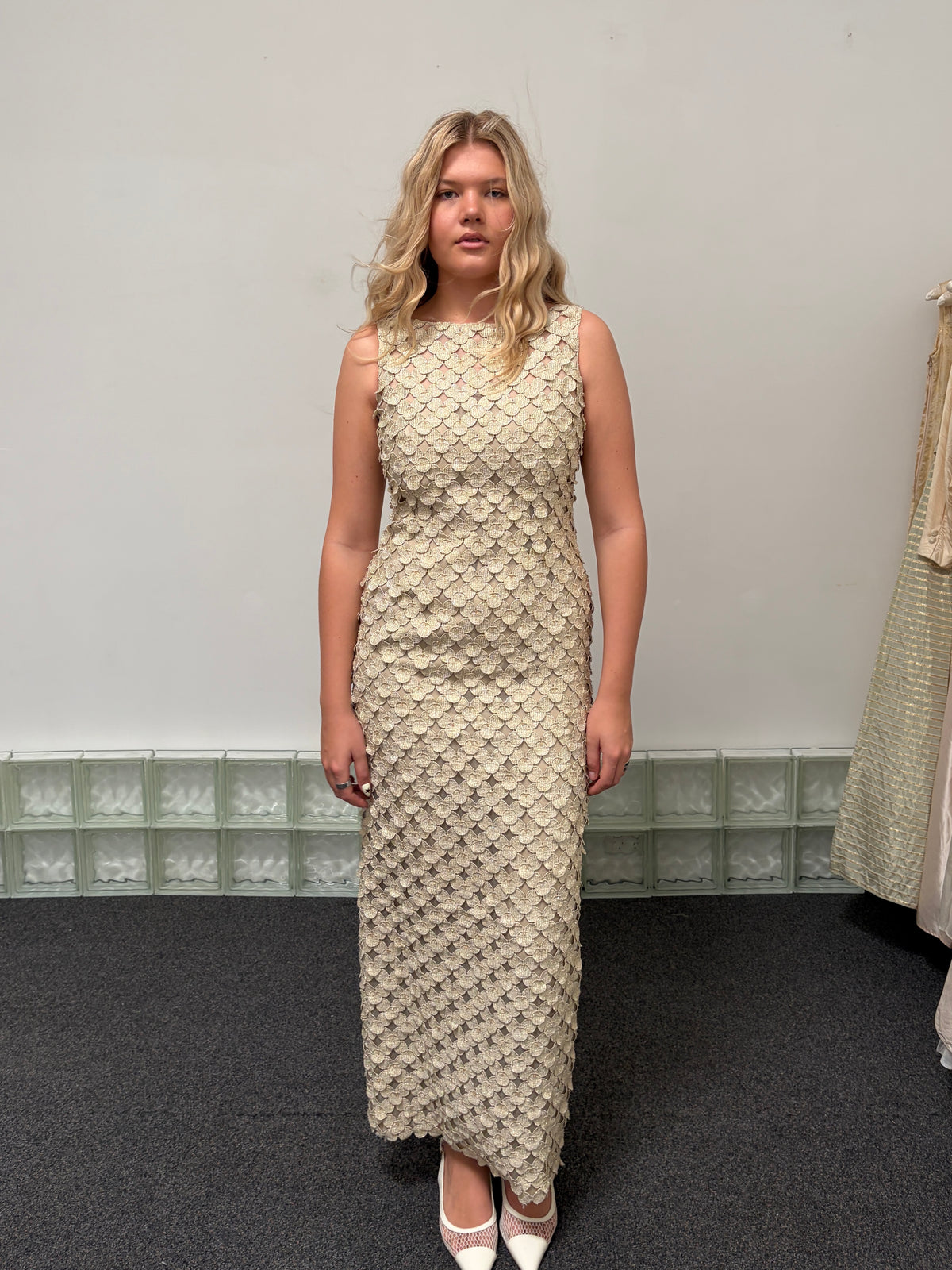 Vintage 90s couture gold laser cut high neck evening gown