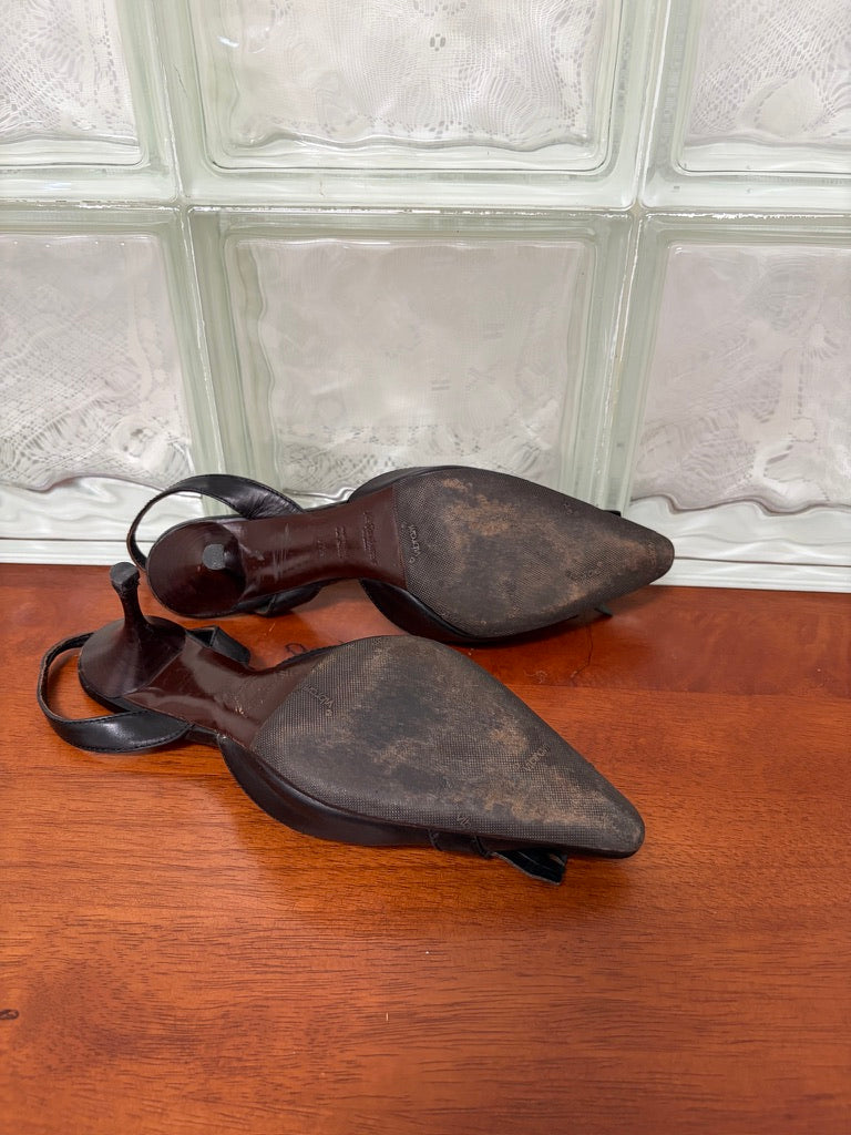 Vintage Yves Saint Laurent black leather pointed toe slingback kitten heels
