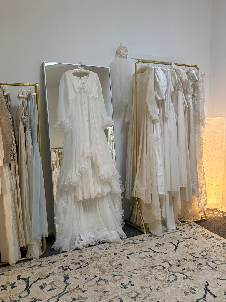 Vintage 70s Margo Prince ethereal ruffled chiffon long sleeve wedding dress with train