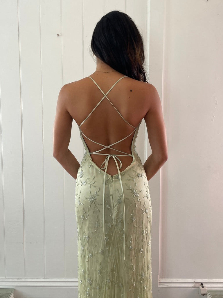 Vintage 90s pistachio green silk beaded evening dress