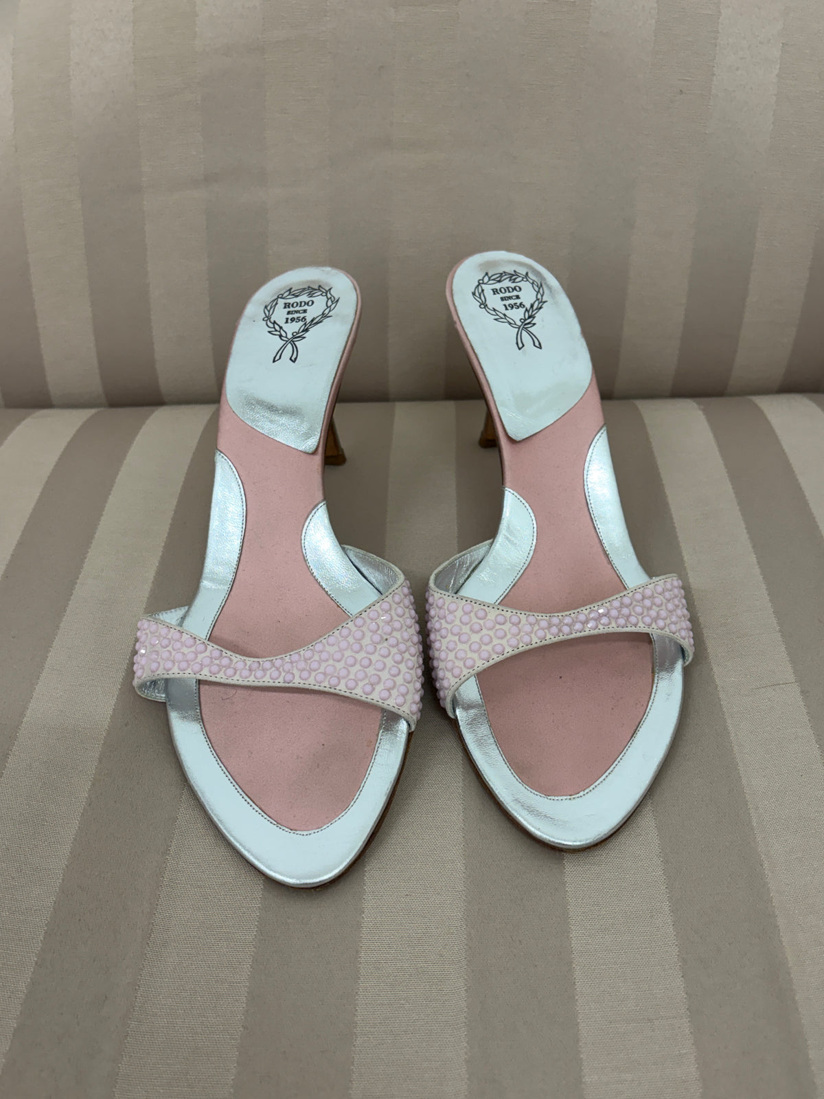 Vintage 90s Rodo baby pink embellished mule heels