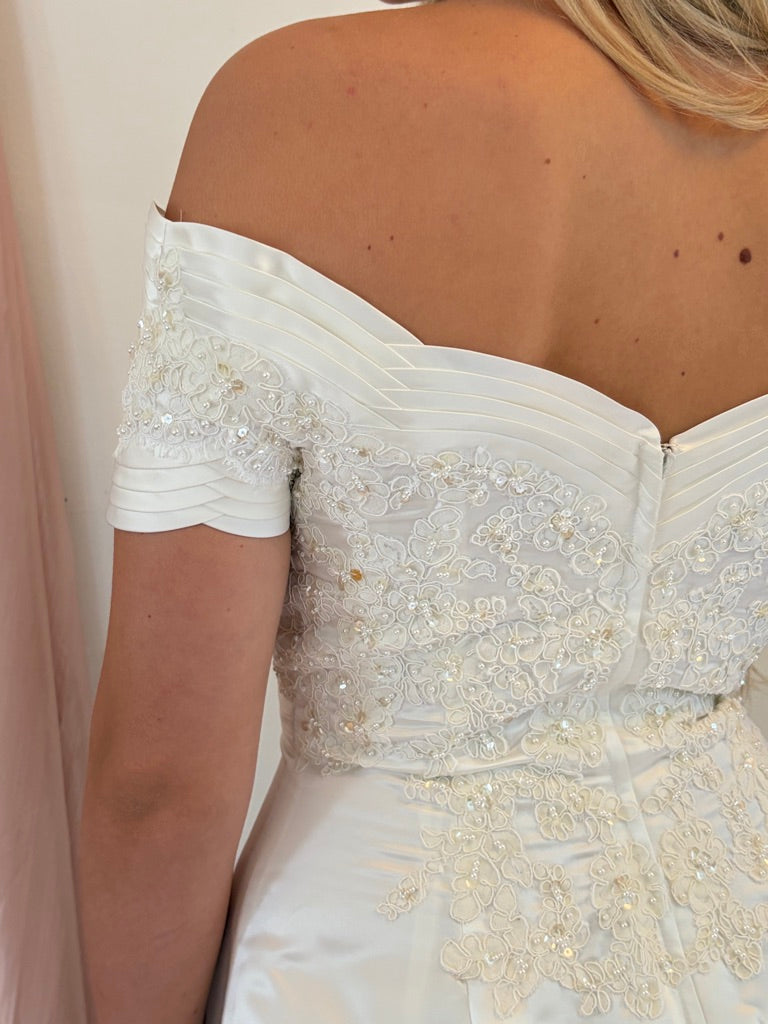 Vintage 90s ivory off shoulder pleated wedding gown with train