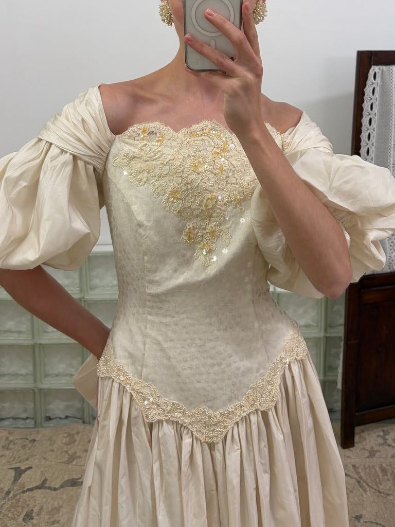 Vintage 80s silk taftetta drop waist princess wedding gown with train