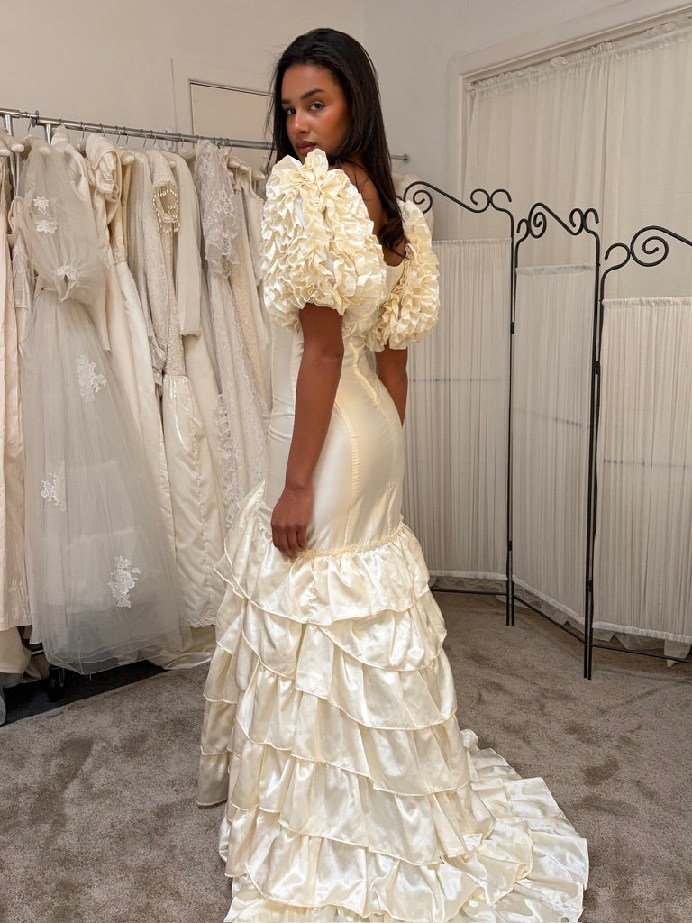 Vintage 00s cream satin drop waist tiered wedding dress