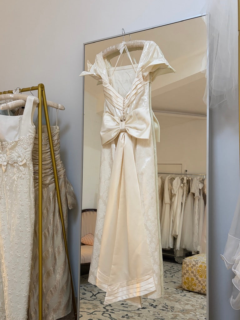 Vintage 90s jacquard column wedding dress with detachable train
