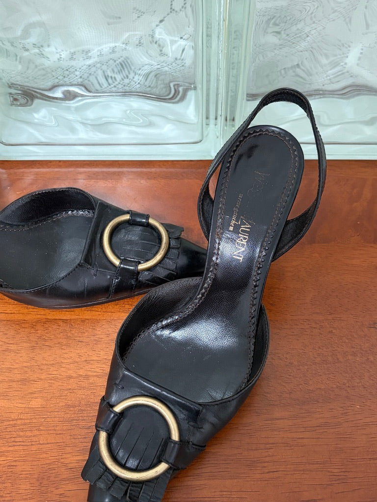 Vintage Yves Saint Laurent black leather pointed toe slingback kitten heels