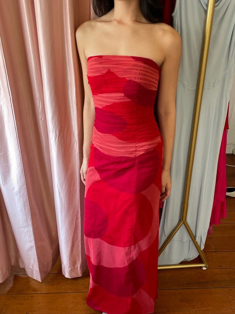 Vintage Y2K Kay Unger strapless gown with printed mesh overlay