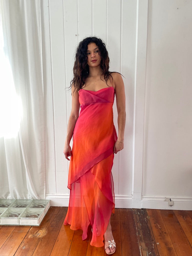 Sunset Dress - Vintage 90s ombre layered maxi with neck scarf