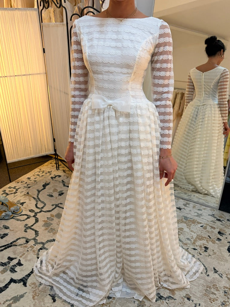 Vintage 60s lace long sleeve striped wedding gown with bows