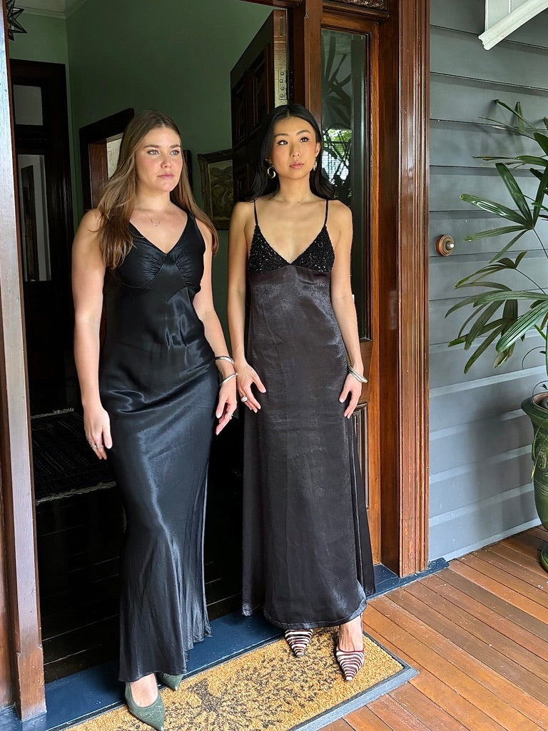 Vintage 80s does 30s black satin open back gown
