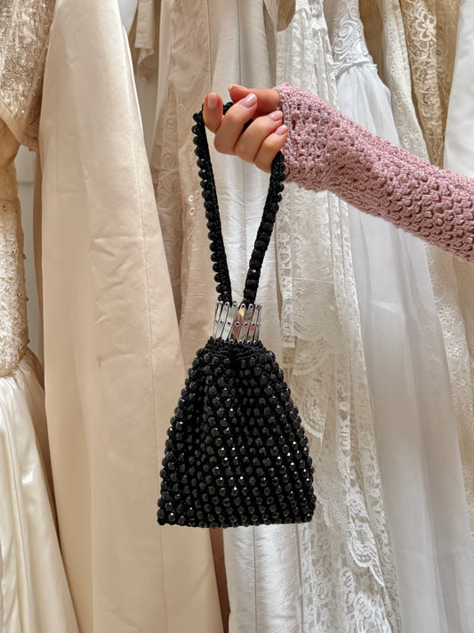 Vintage 60s black beaded accordion evening bag