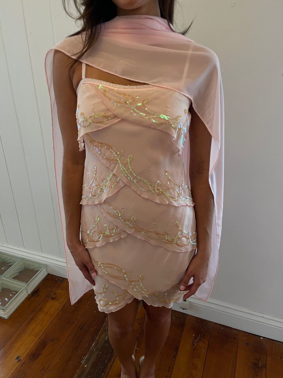 Vintage 90s baby pink silk beaded mini dress with neck scarf