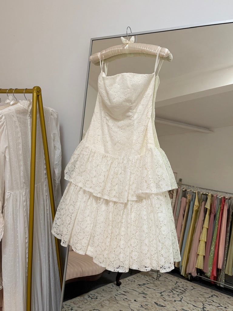 Vintage 80s white lace drop waist strapless mini dress