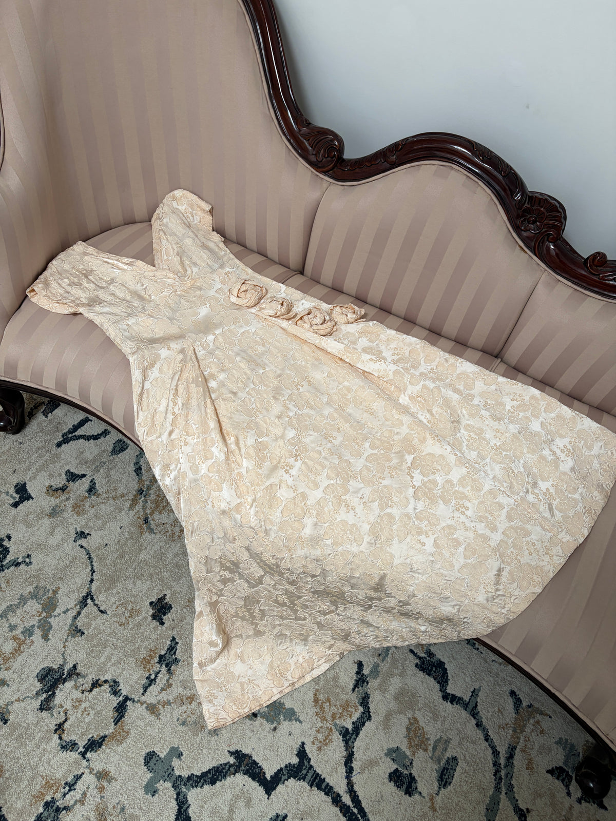 Vintage 50s corded jacquard satin a-line dress with rosettes