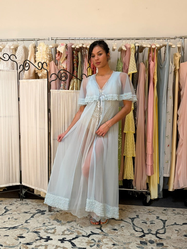 Vintage 50s ice blue sheer nylon slip dress and cape