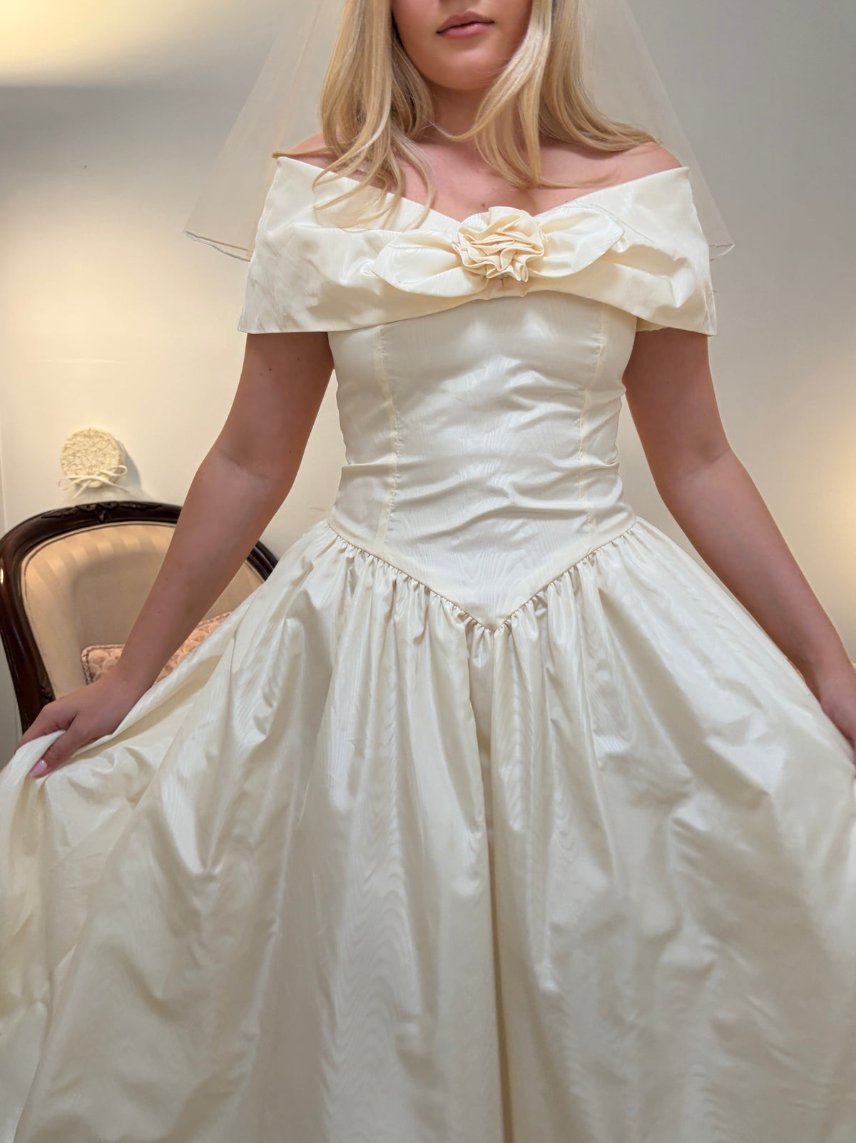 Vintage 90s cream off shoulder tea length basque waist wedding dress with rosette