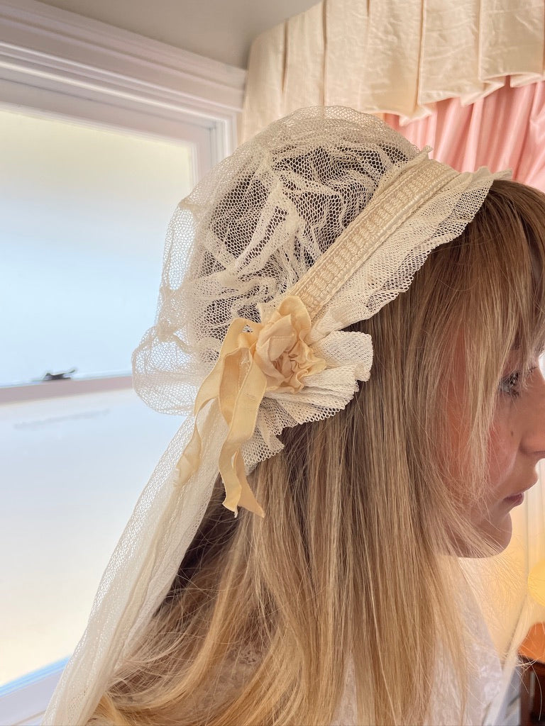 Antique 20s Juliet Cap veil with ruffles and satin ribbon flowers