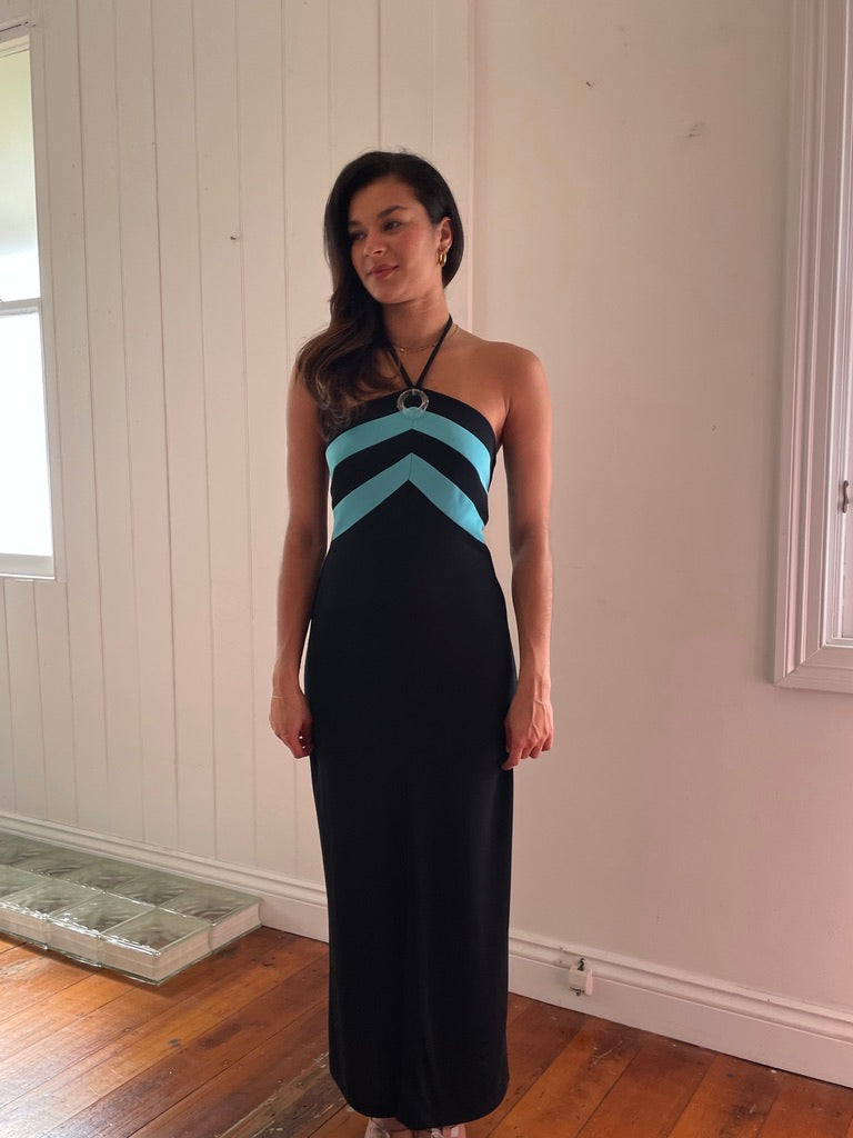 Vintage 90s Pati-Pat Paris black aqua halter neck maxi dress
