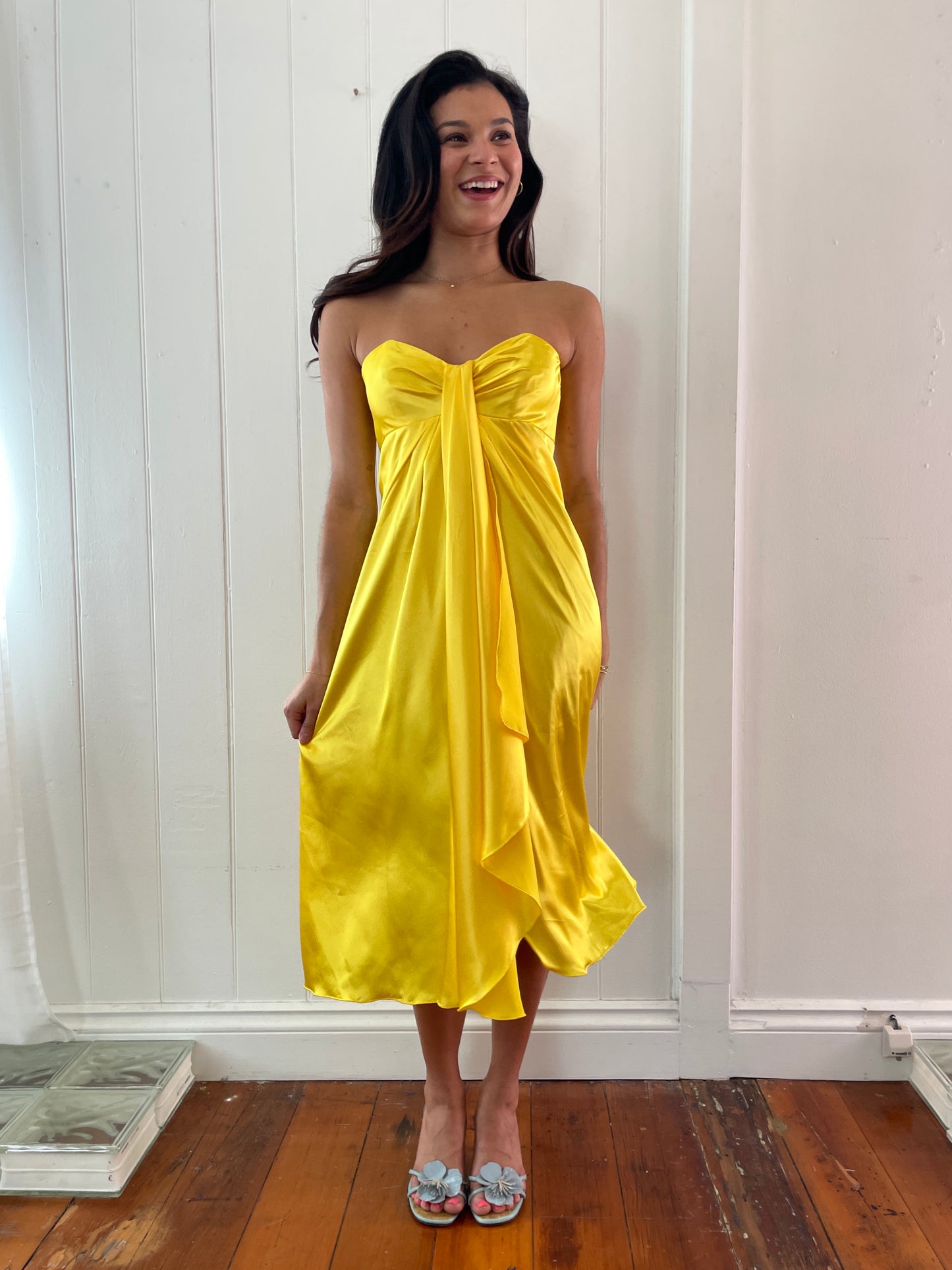 Vintage 90s yellow satin strapless midi dress