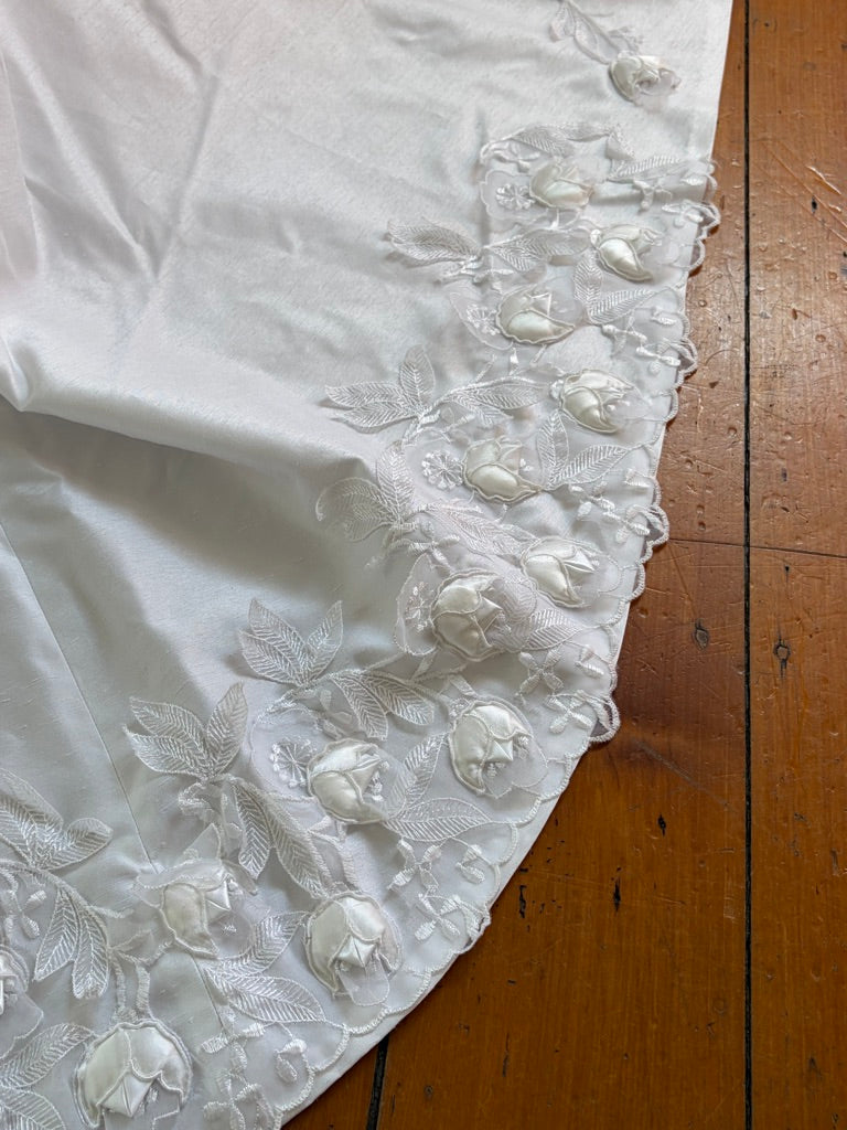 Vintage 90s ivory basque waist puff sleeve wedding gown 3D floral appliqué