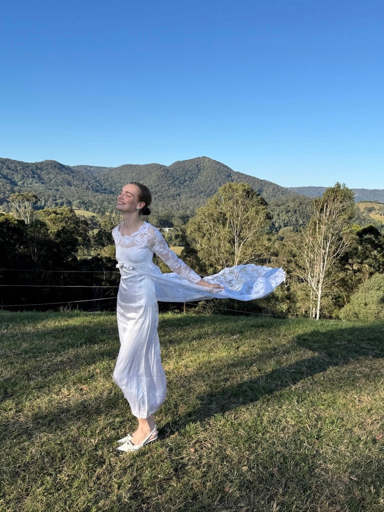 Vintage 60s long sleeve satin column gown with lace cape