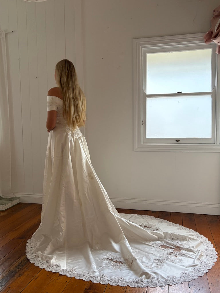 Vintage 90s ivory off shoulder pleated wedding gown with train