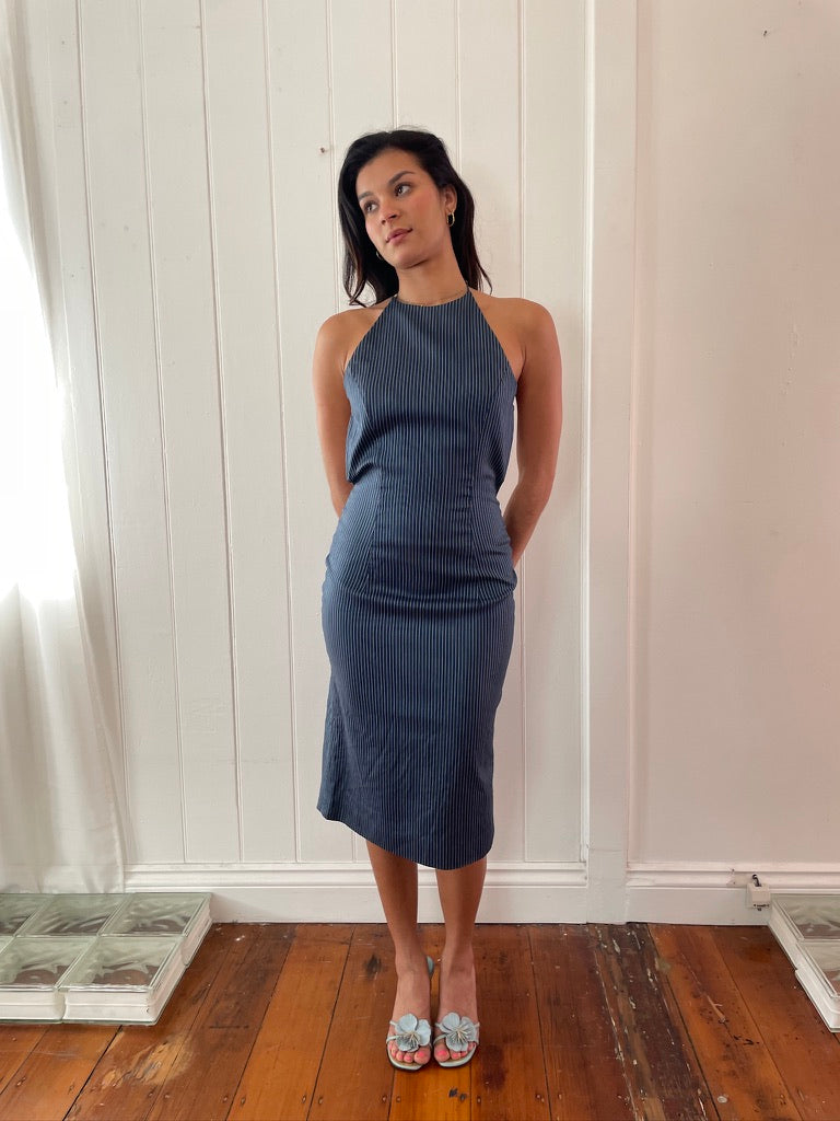 Vintage y2k Versace backless pinstripe midi dress