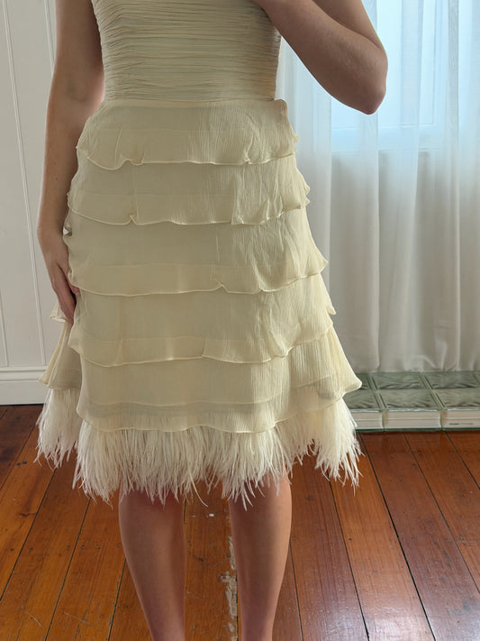 Vintage Y2K silk tiered midi dress with ostrich feather trim