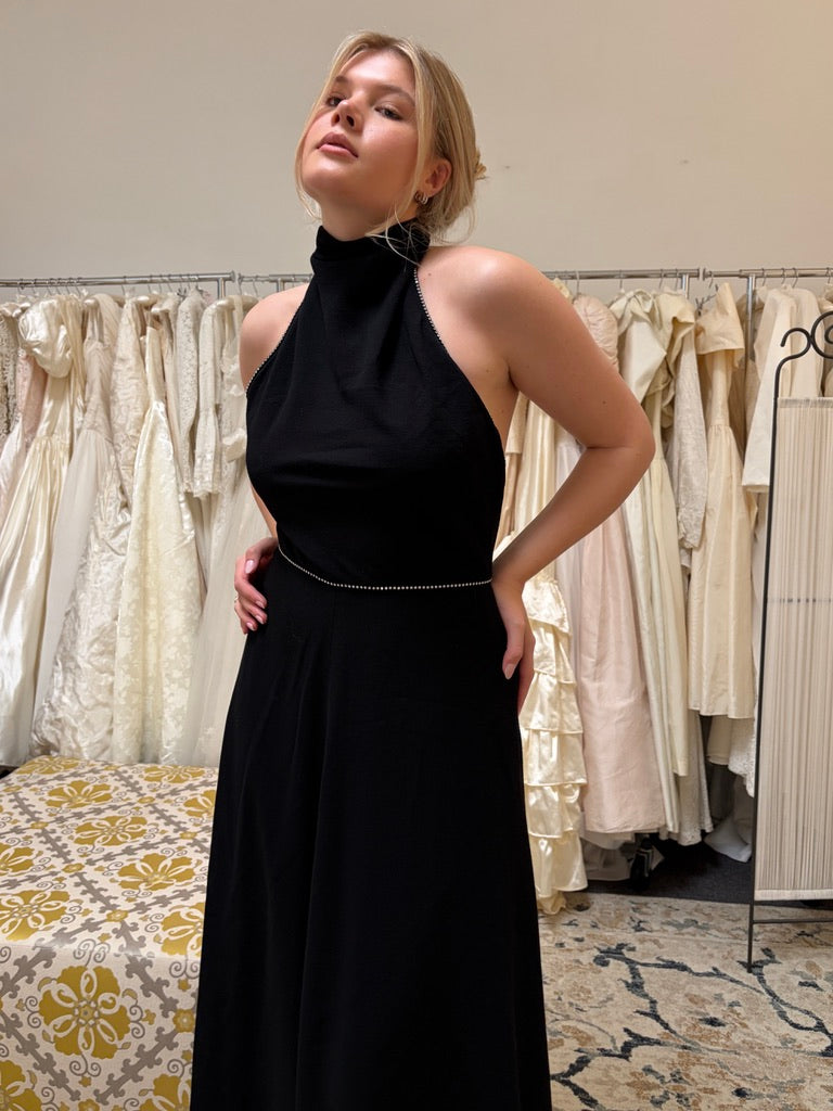 Vintage 70s Joan Leslie black open back halter gown with diamante trim