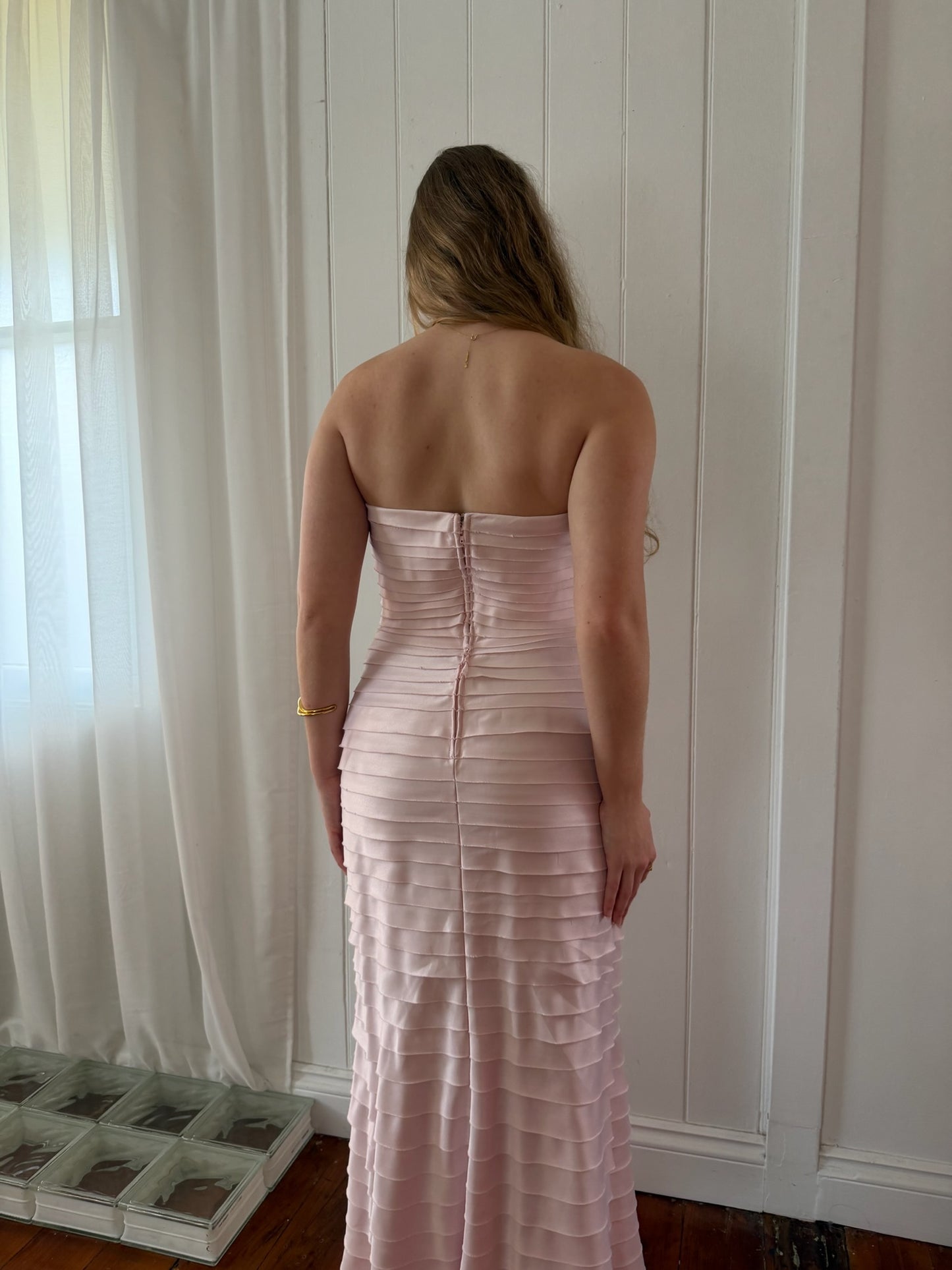 Vintage 90s Tadashi Shoji baby pink cascading pleated dress