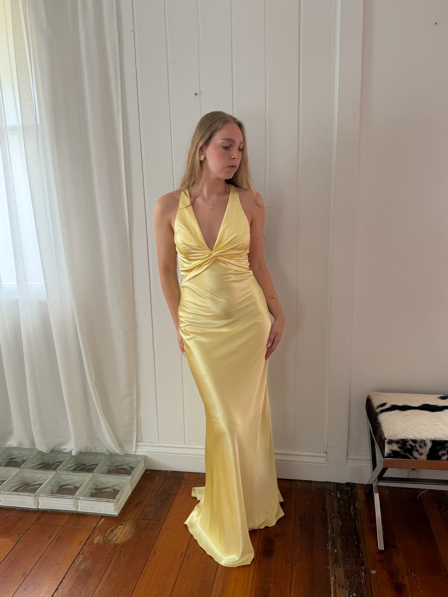 Vintage Y2K lemon yellow open back satin evening gown