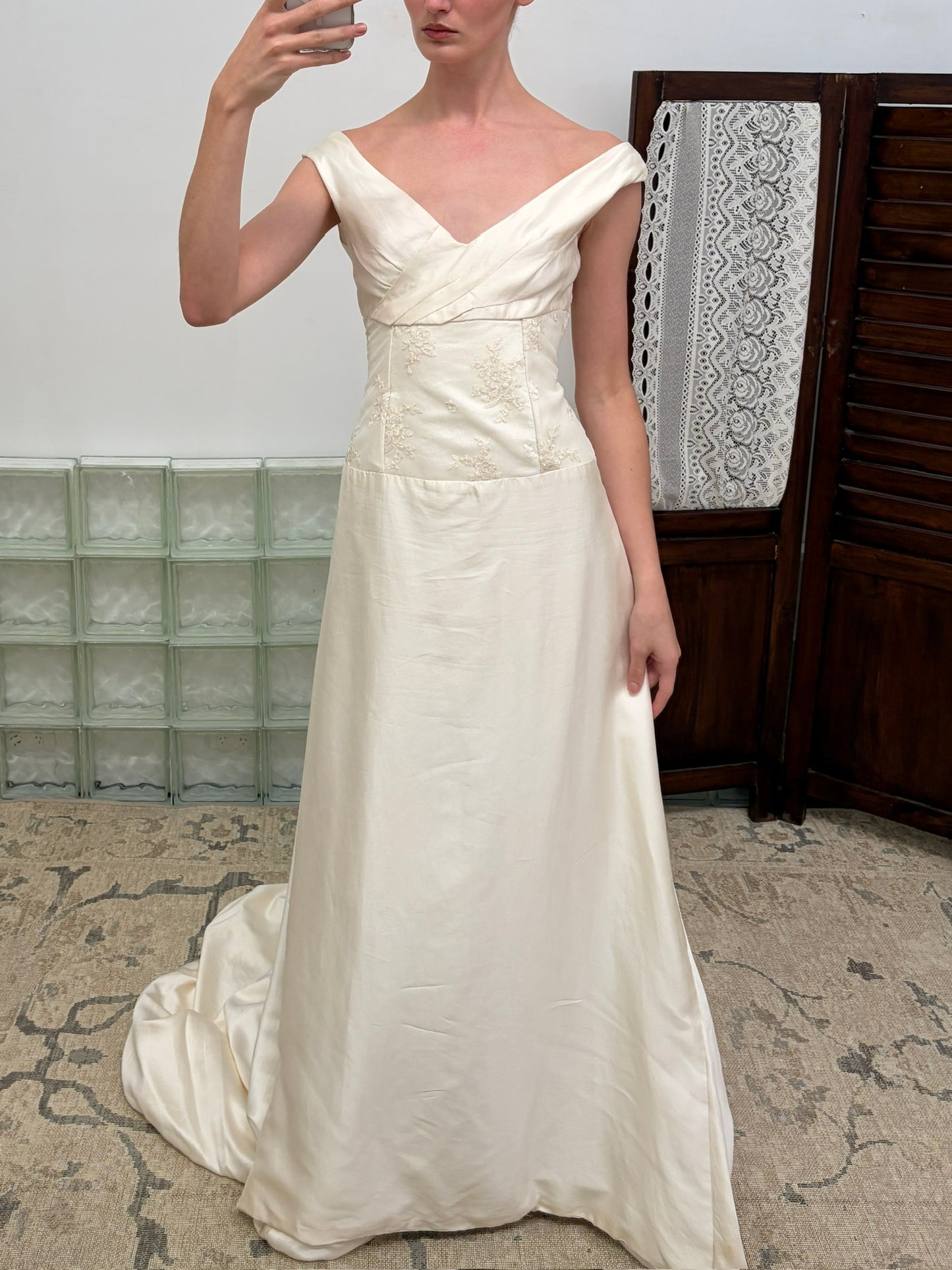Vintage 90s pure silk wide v neck wedding gown with train