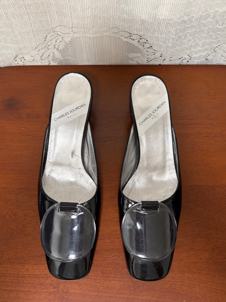 Vintage Charles Jourdan black square toe mule with translucent sphere