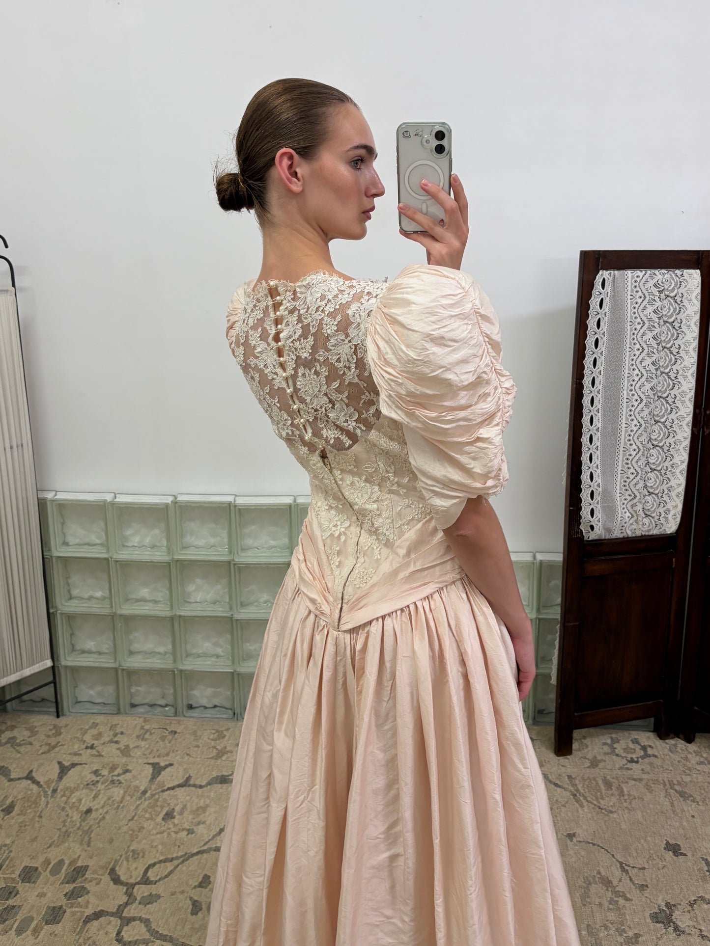Vintage 80s ballerina pink puff sleeve basque waist gown