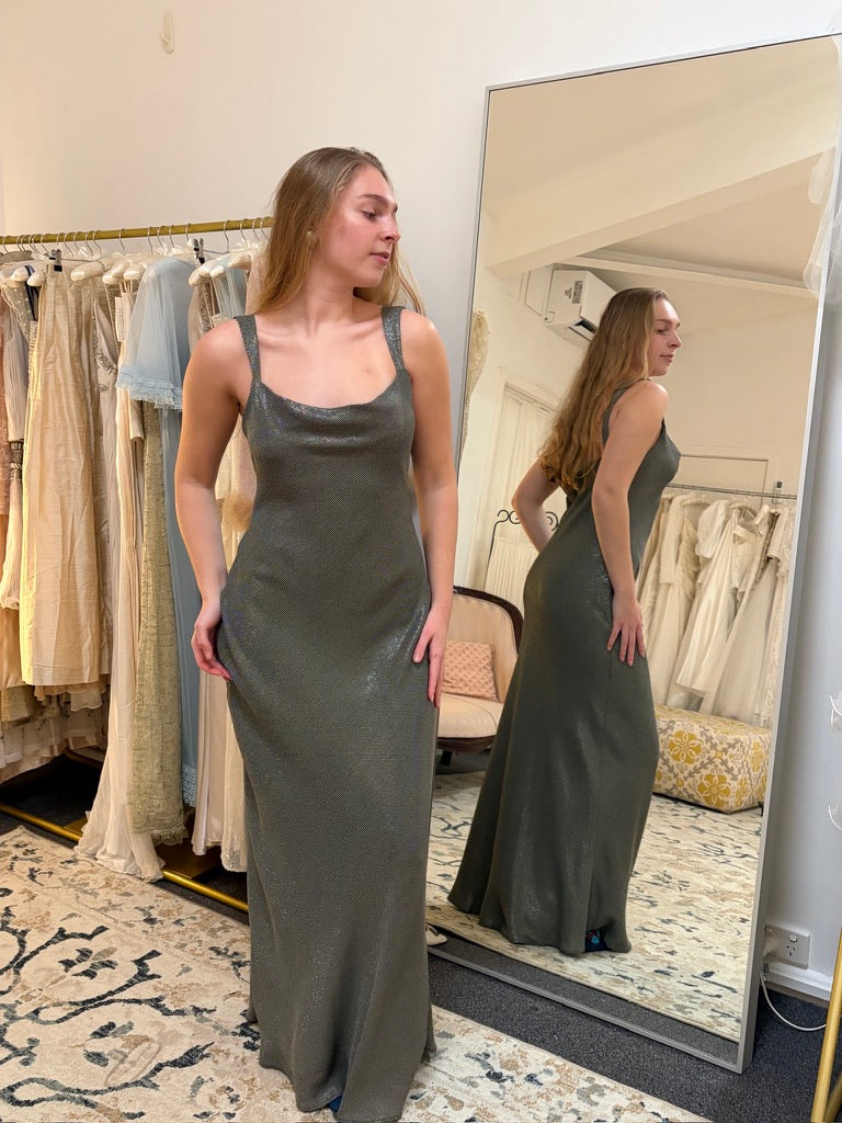 Vintage 90s silver bias cut evening dress