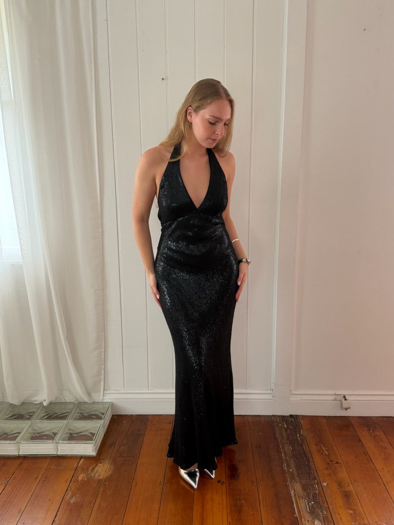 Vintage 00s black sequinned halter evening gown with open back