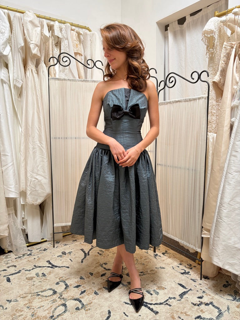 Vintage 80s slate drop waist midi dress with bow