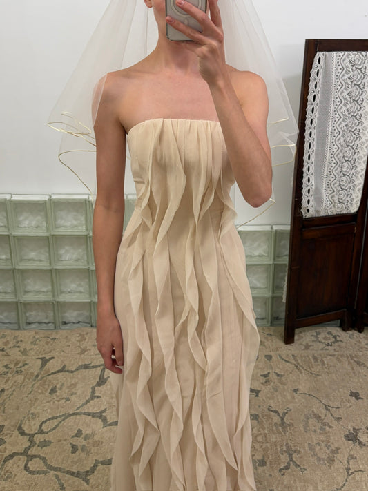 Vintage Y2K Vera Wang sand cascading ruffle dress