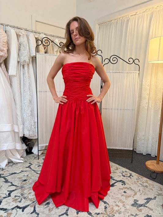 Vintage 80s cherry red strapless drop waist tiered evening gown