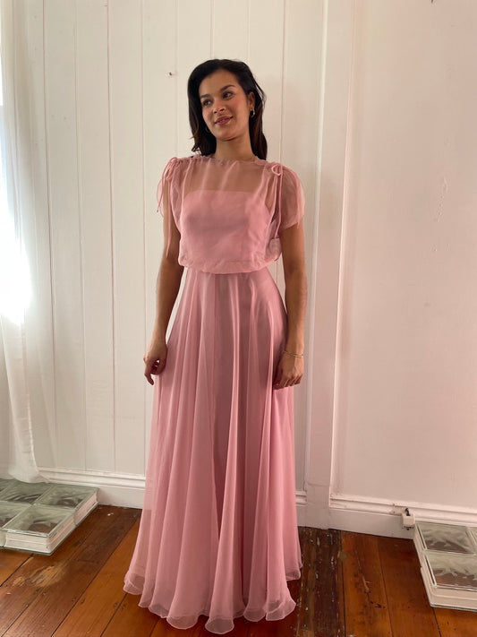 Vintage 70s dusty pink maxi dress with sheer bolero