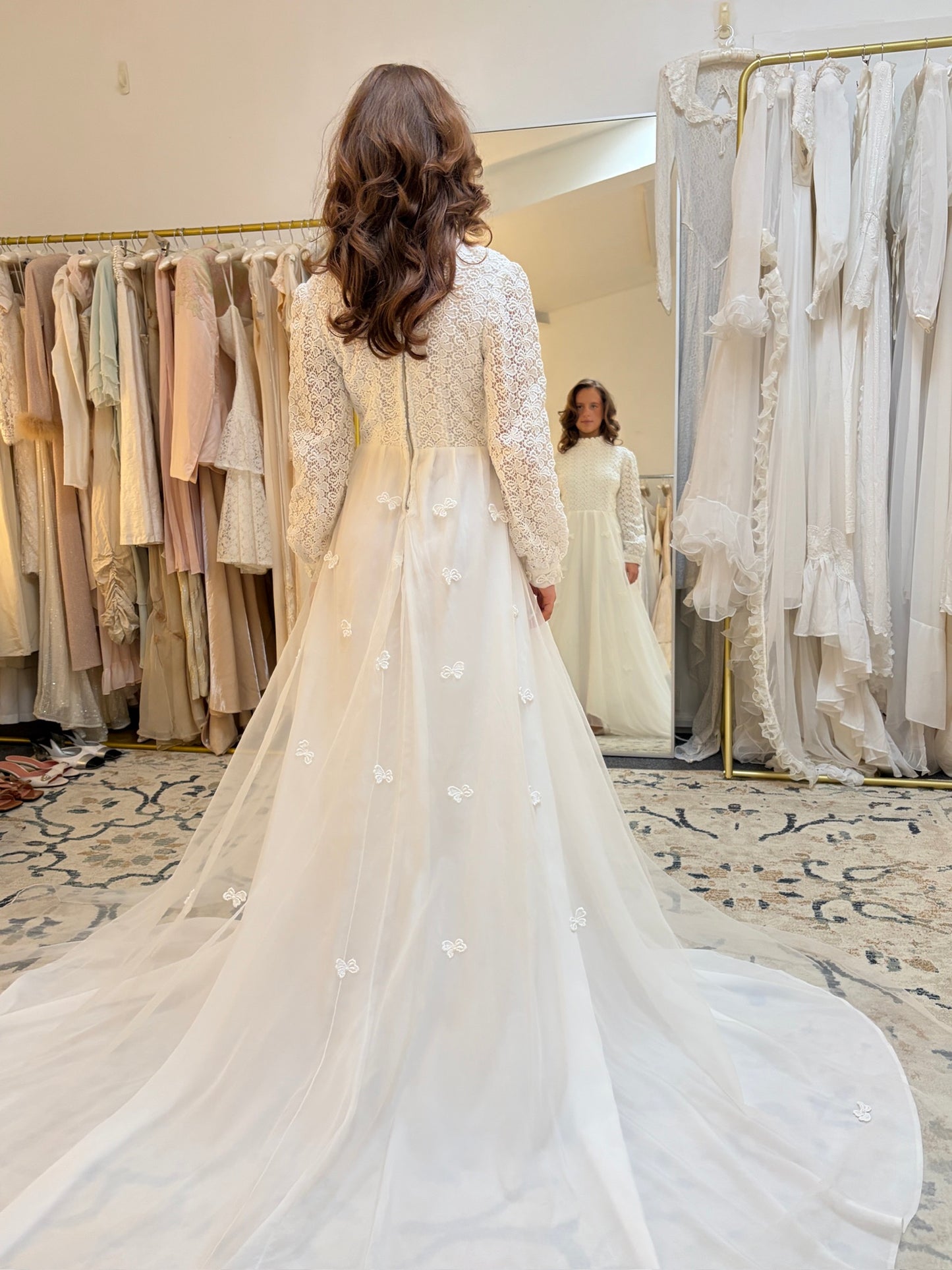 Vintage 60s long sleeve guipure lace wedding gown with applique train