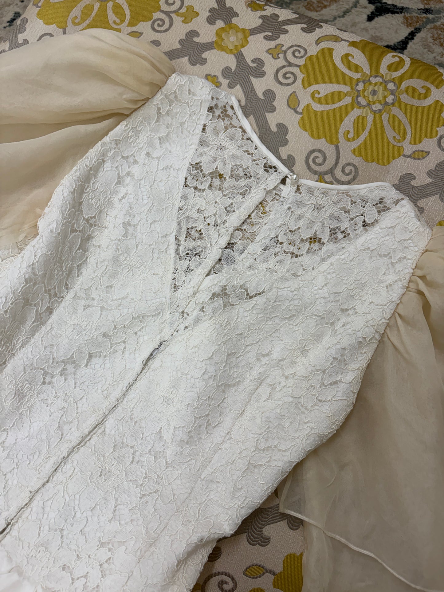 Vintage 1986 silk puff sleeve basque waist wedding dress with train