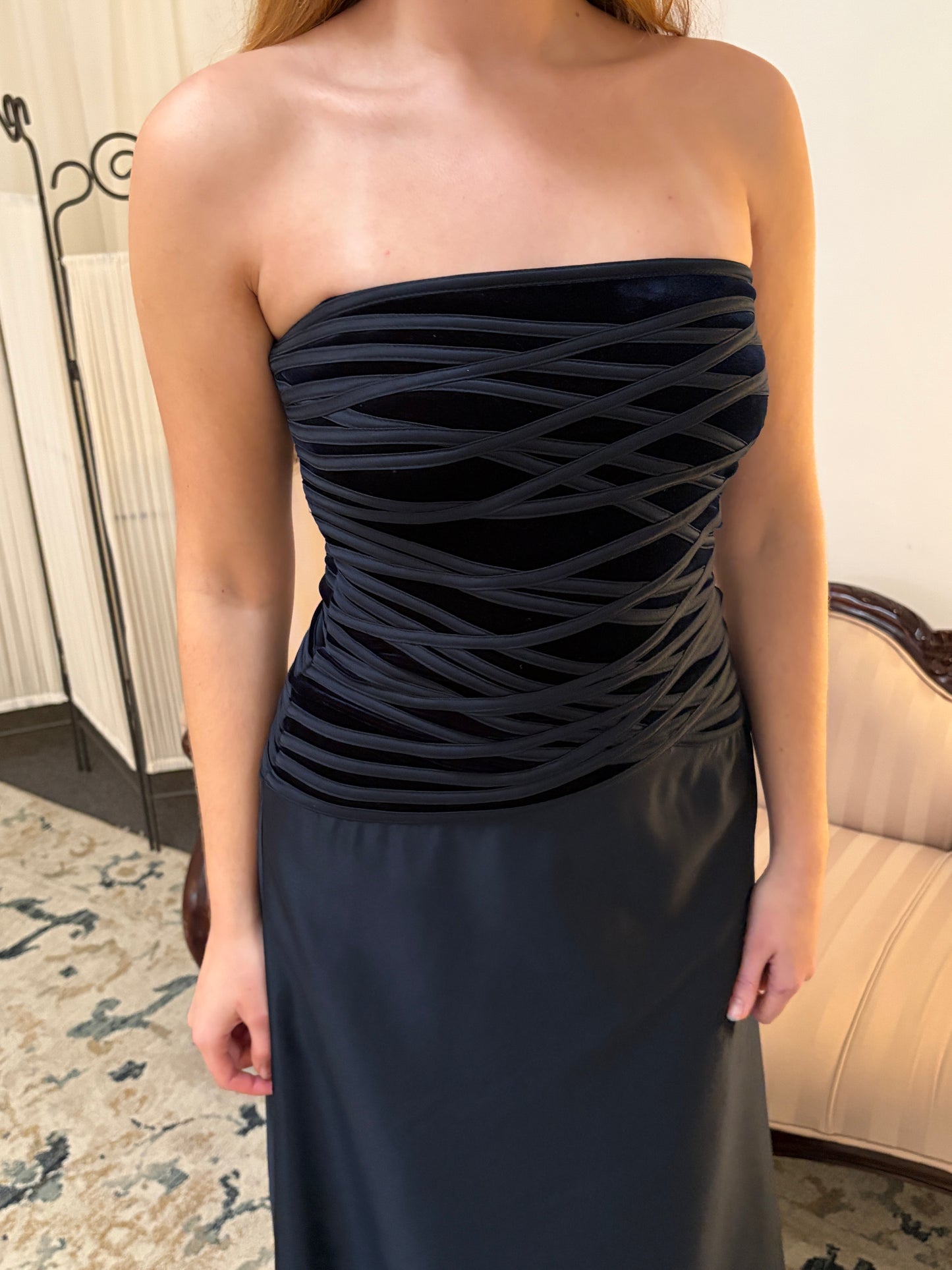 Vintage 90s Tadashi Shoji navy strapless evening gown