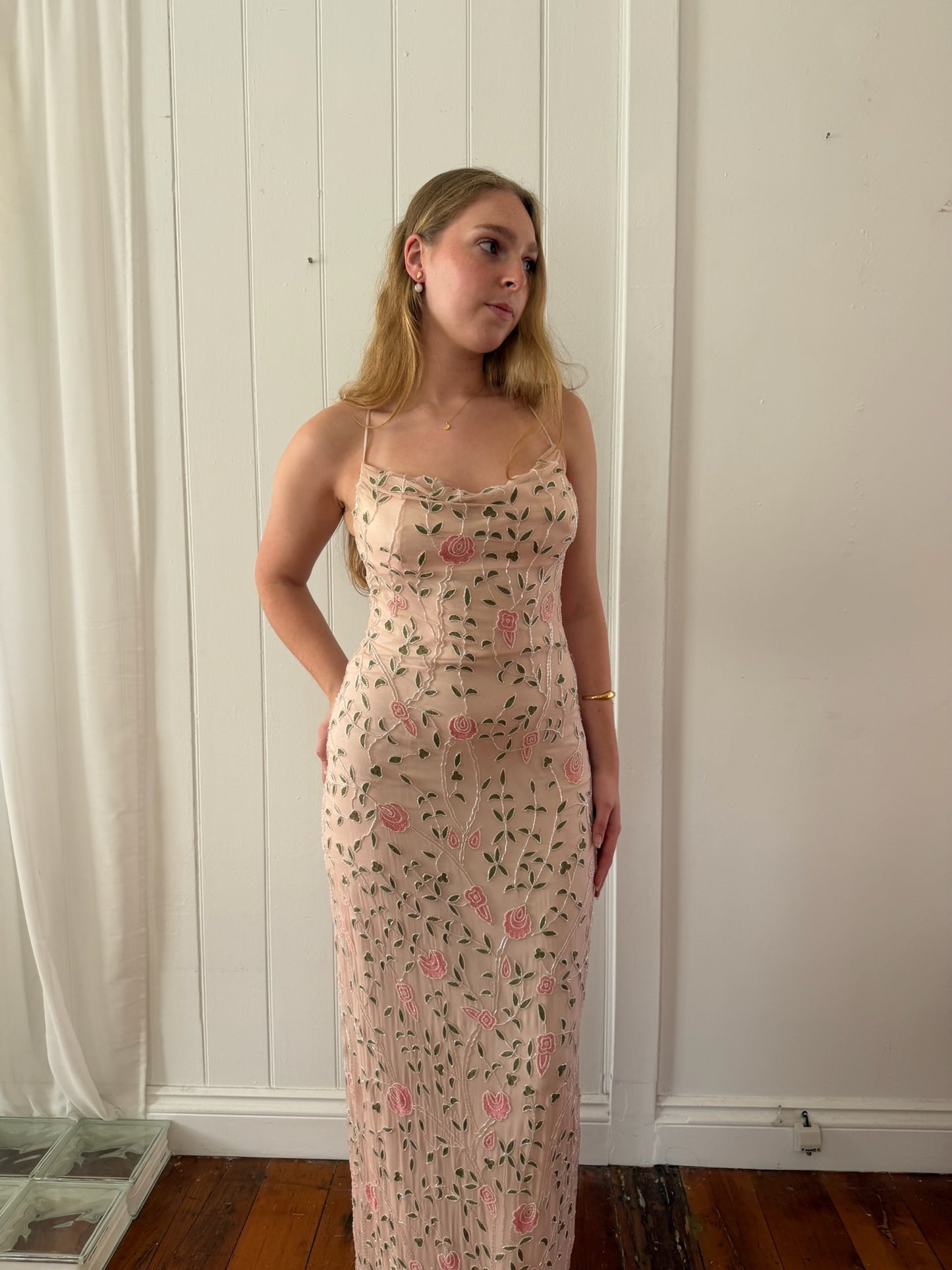 Vintage 90s baby pink silk beaded open back evening dress