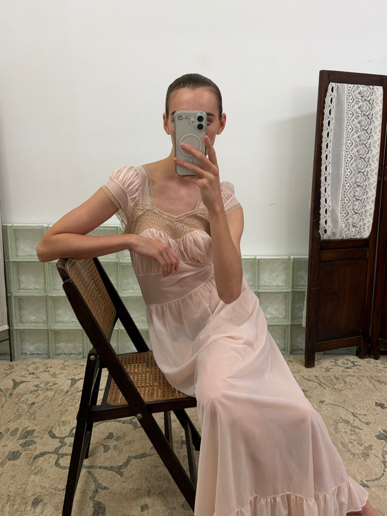 Vintage 60s baby pink semi sheer slip dress with lace trim