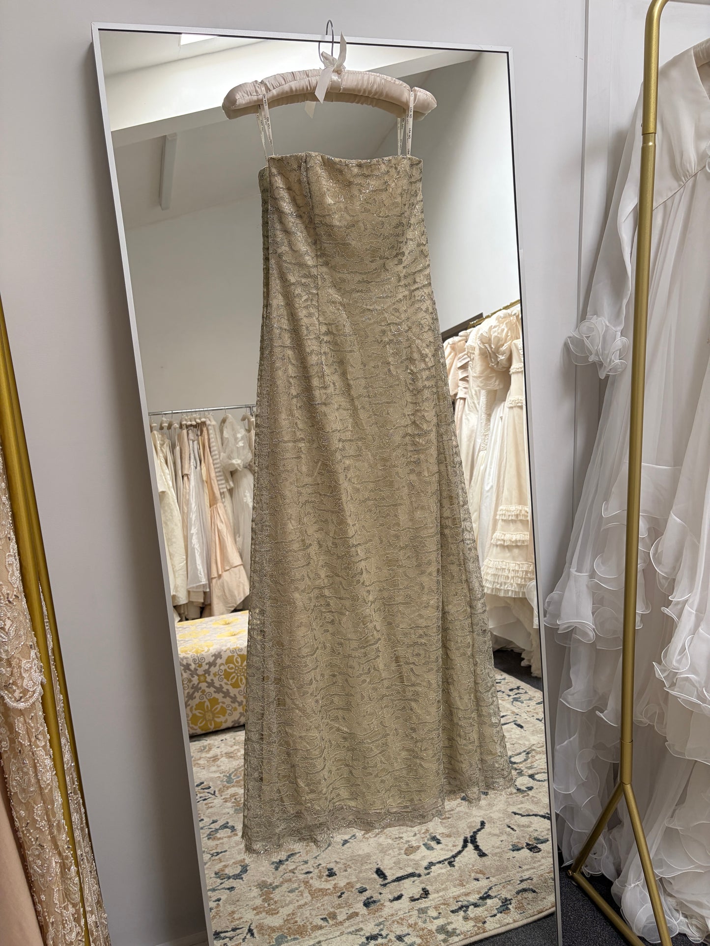 Vintage 00s Lisa Ho gold lace column evening gown