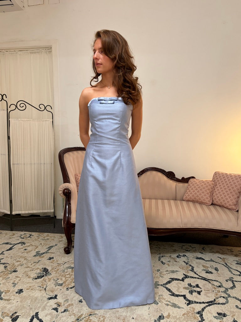 Vintage 90s blue strapless evening dress with bows