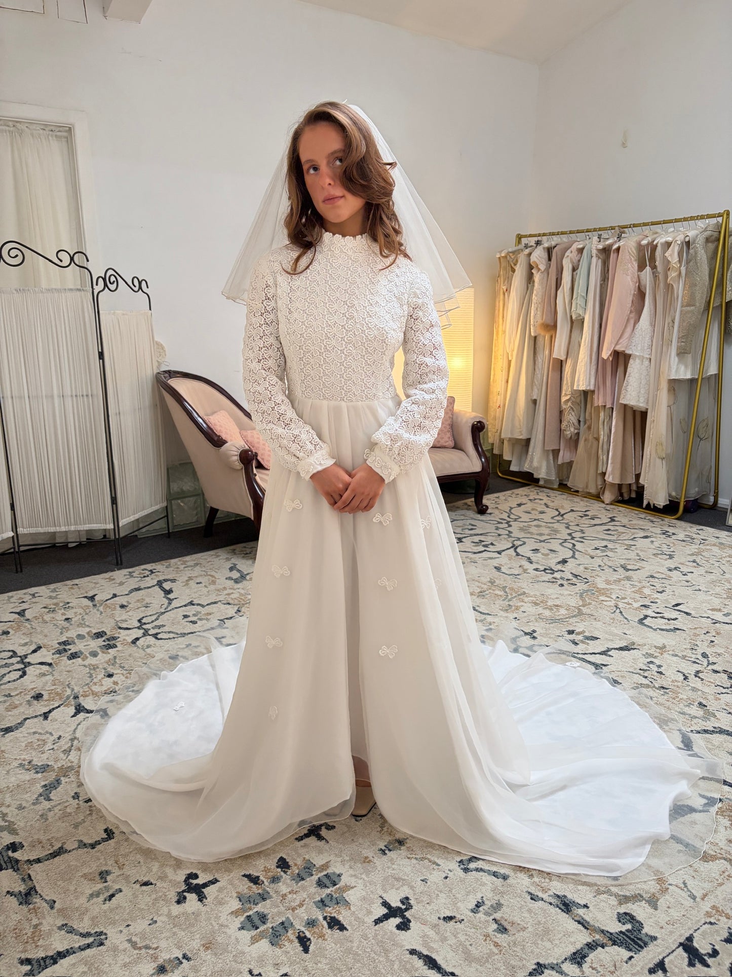 Vintage 60s long sleeve guipure lace wedding gown with applique train